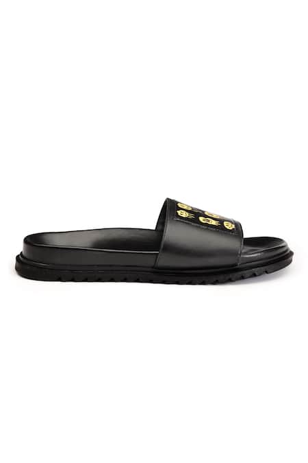 Shop_Shutiq_Black Digital Printed Smiley Leather Slides _Online_at_Aza_Fashions