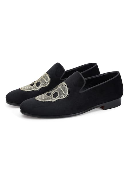 Shutiq_Black Embroidered Sugar Skull Slip-on Shoes _Online_at_Aza_Fashions
