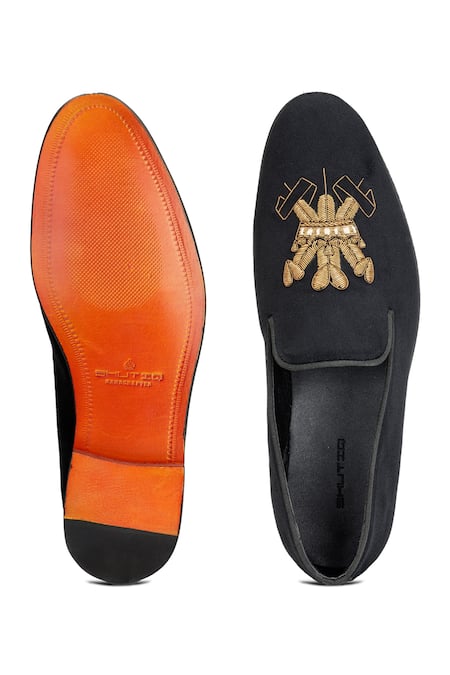 Shutiq Black Velvet Trio Antique Embroidered Slip-On Shoes 