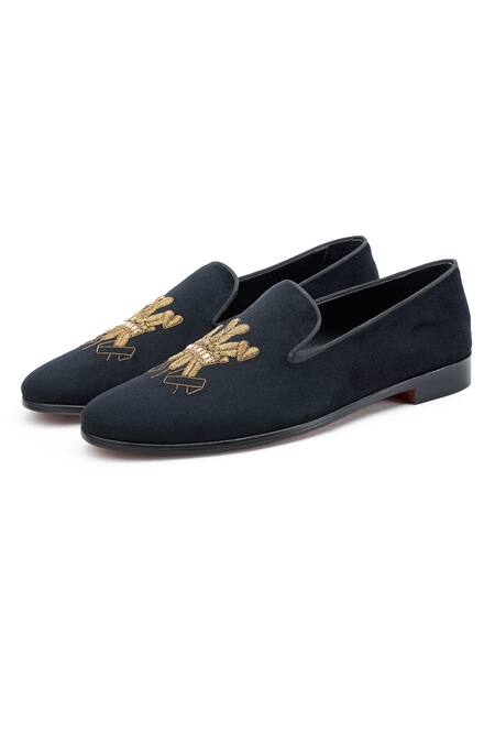 Buy_Shutiq_Black Embroidered Velvet Trio Antique Slip-on Shoes _Online_at_Aza_Fashions