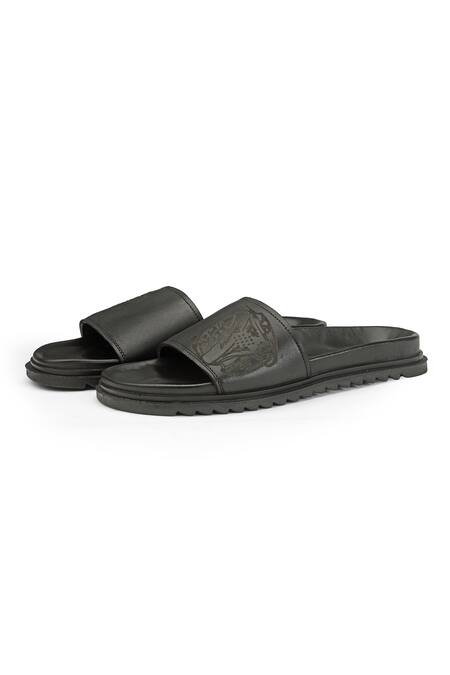 Shutiq_Black Dante Coal Strap Embossed Slides _Online_at_Aza_Fashions