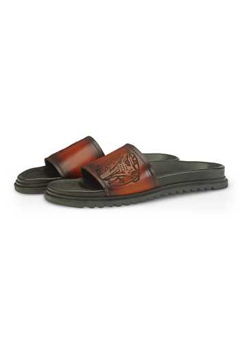 SHUTIQ_Black Dante Abstract Strap Embossed Slides _Online_at_Aza_Fashions
