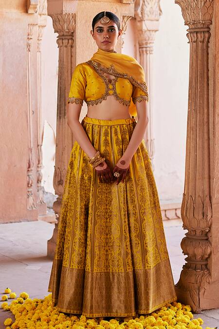 Weaver Story_Yellow Silk, Organza, Kota Gladiolus Katan Brocade Banarasi Lehenga Blouse Set_Online_at_Aza_Fashions