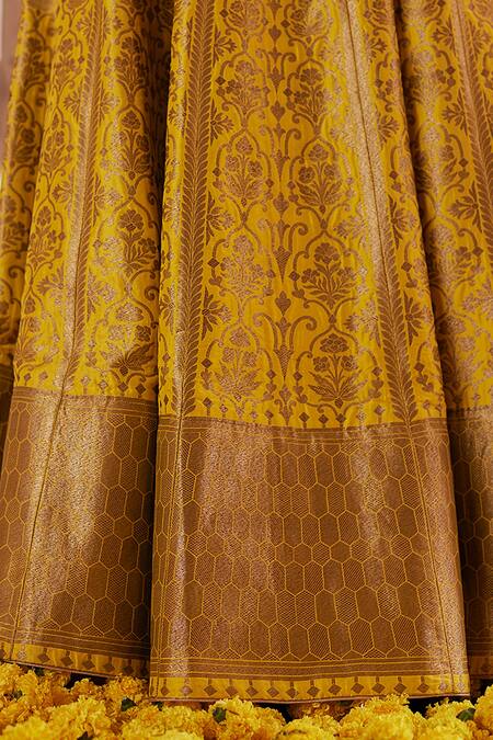 Weaver Story_Yellow Silk, Organza, Kota Gladiolus Katan Brocade Banarasi Lehenga Blouse Set_at_Aza_Fashions