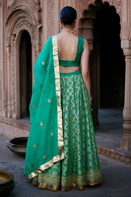 Shop Weaver Story Green Silk, Georgette, Organza Embroidery, Banarasi Bandhej Lehenga Blouse Set at Aza Fashions Shop_Weaver Story_Green Silk, Georgette, Organza Embroidery, Banarasi Bandhej Lehenga Blouse Set _at_Aza_Fashions