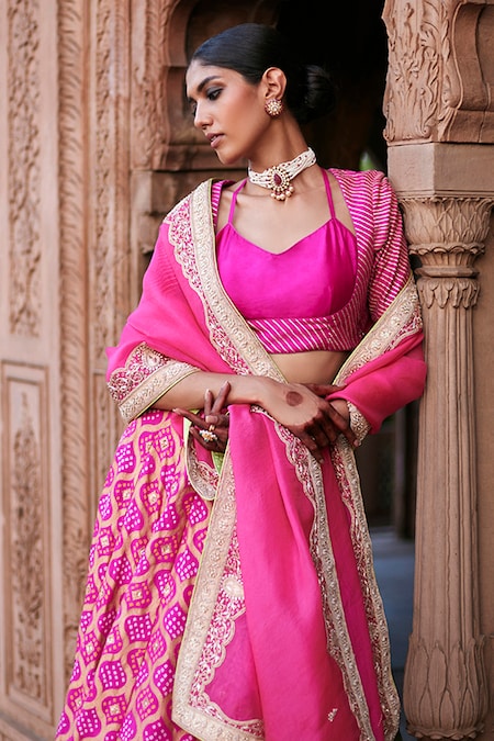 Pink Hand Crafted Bandhani Lehenga Set - Geroo Jaipur - 3629775