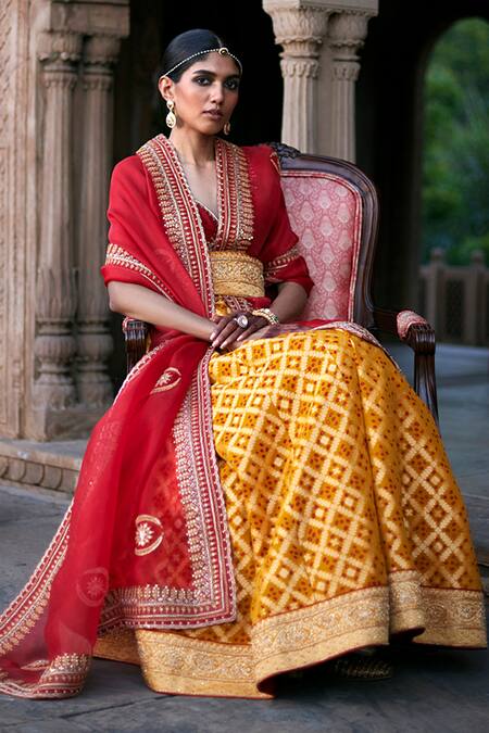 Weaver Story_Yellow Silk, Organza, Traditional Bandhani Motif Jaal Lehenga Blouse Set _Online_at_Aza_Fashions