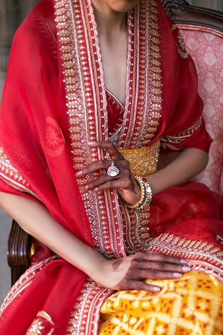 Shop_Weaver Story_Yellow Silk, Organza, Traditional Bandhani Motif Jaal Lehenga Blouse Set _Online_at_Aza_Fashions