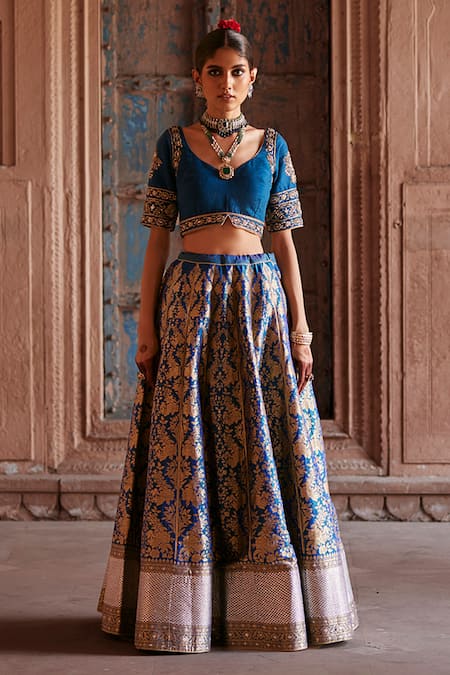 Weaver Story_Blue Kota Doria, Silk, Organza Mughal Bloom Brocade Banarasi Bridal Lehenga Set _Online_at_Aza_Fashions
