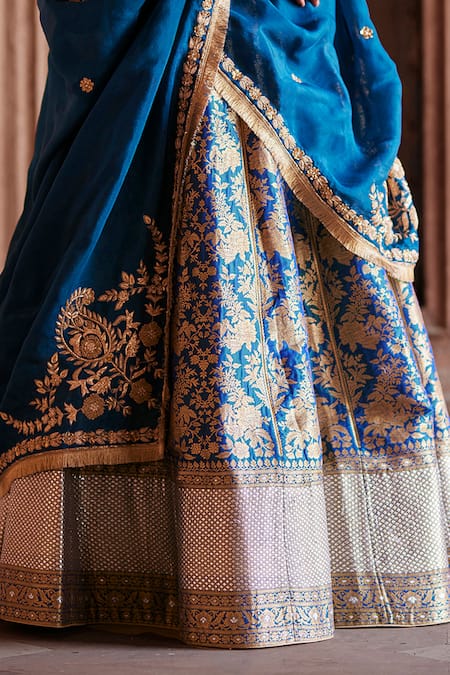 Weaver Story_Blue Kota Doria, Silk, Organza Mughal Bloom Brocade Banarasi Bridal Lehenga Set _at_Aza_Fashions