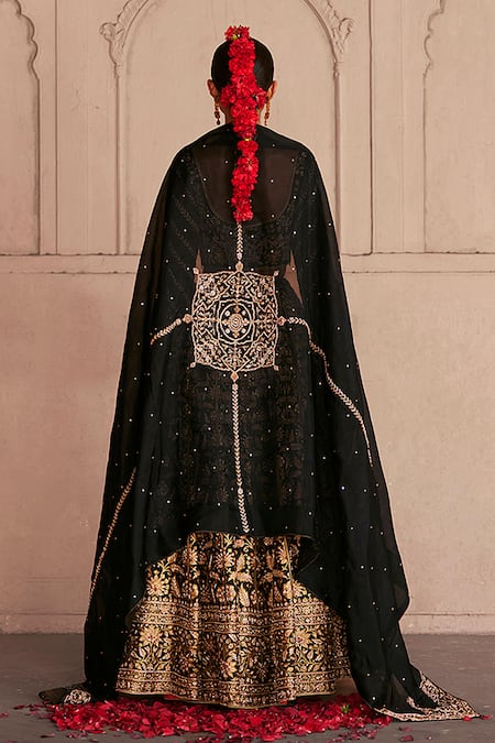 Shop_Weaver Story_Black Silk, Organza, Kota Persian Florid Zardozi Embroidered Lehenga Blouse Set _Online_at_Aza_Fashions