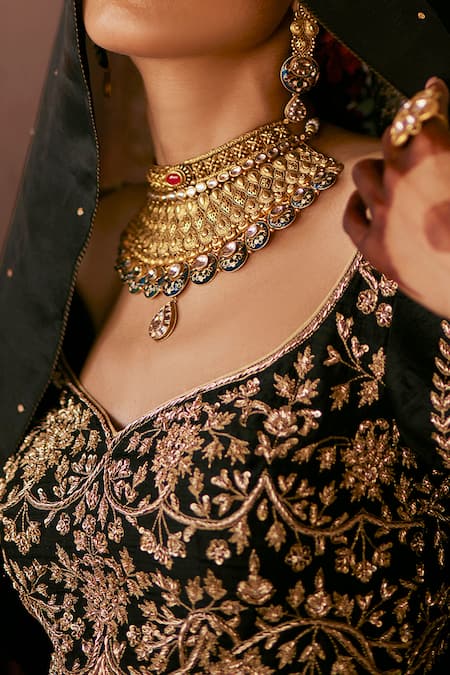 Weaver Story_Black Silk, Organza, Kota Persian Florid Zardozi Embroidered Lehenga Blouse Set _at_Aza_Fashions