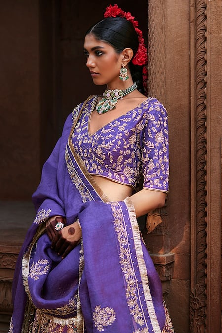 Weaver Story_Blue Silk, Organza, Kota Doria Amaryllis Zardozi Embroidered Bridal Lehenga Set _Online_at_Aza_Fashions