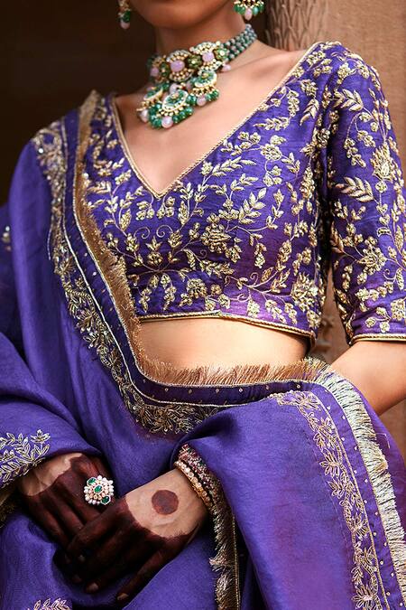 Buy_Weaver Story_Blue Silk, Organza, Kota Doria Amaryllis Zardozi Embroidered Bridal Lehenga Set _Online_at_Aza_Fashions