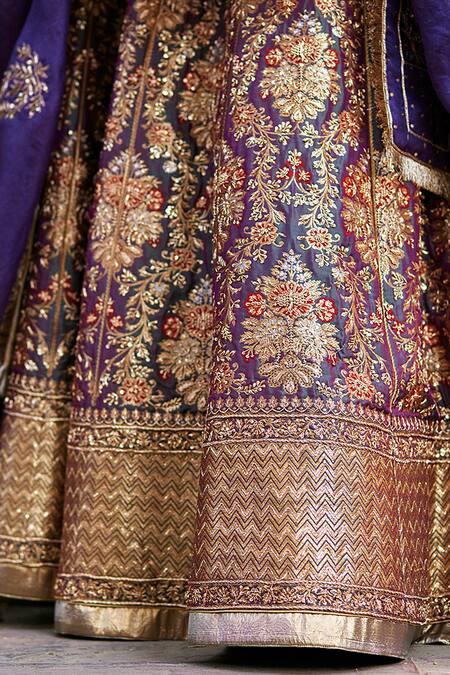 Shop_Weaver Story_Blue Silk, Organza, Kota Doria Amaryllis Zardozi Embroidered Bridal Lehenga Set _Online_at_Aza_Fashions