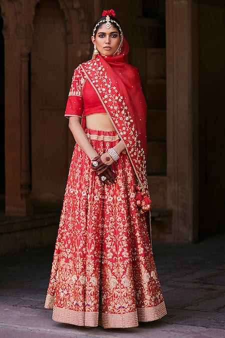 Seeaash Lily Print Lehenga Set | Red, Floral Motifs, Modal Satin, V-neck,  Sleeveless | Lehenga, Aza fashion, Fashion