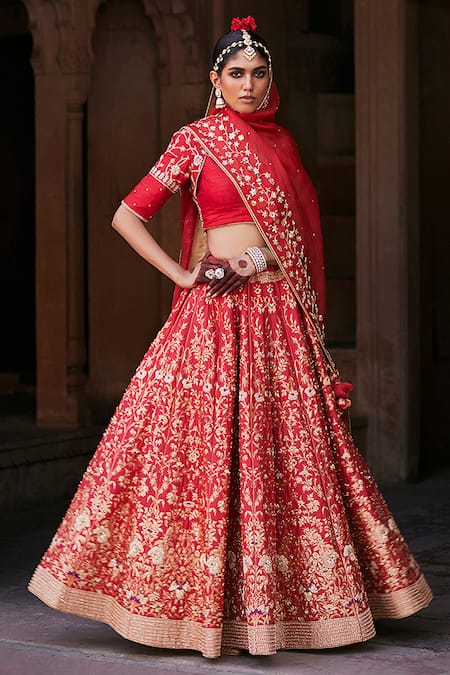 Weaver Story Red Kota Doria, Silk, Organza Zari, Rafflesia Zardozi Bridal Lehenga Set Online at Aza Fashions Weaver Story_Red Kota Doria, Silk, Organza Zari, Rafflesia Zardozi Bridal Lehenga Set _Online_at_Aza_Fashions