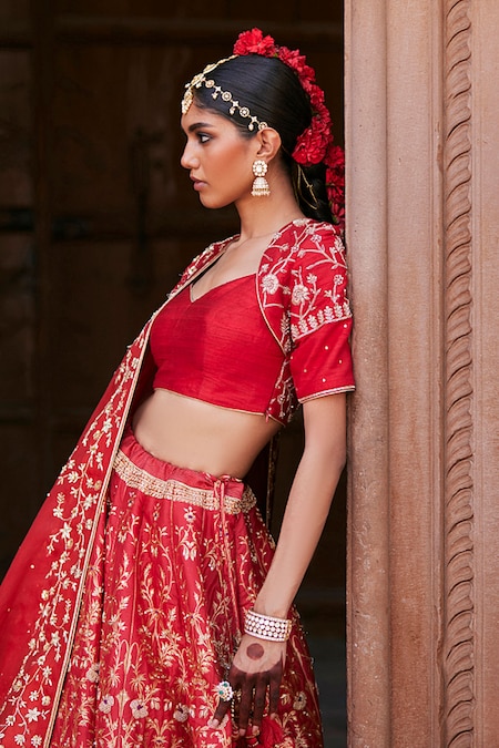 Buy Remarkable Dark Red Velvet Base Zari Work Bridal Lehenga Choli