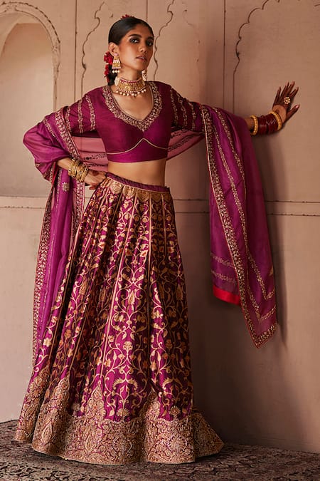 Weaver Story_Wine Kota Doria, Silk, Organza Lily Of The Valley Zardozi Bridal Lehenga Set _Online_at_Aza_Fashions