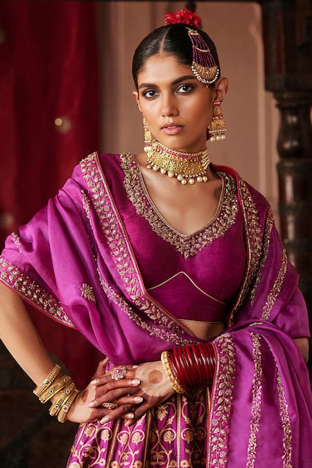 Buy_Weaver Story_Wine Kota Doria, Silk, Organza Lily Of The Valley Zardozi Bridal Lehenga Set _Online_at_Aza_Fashions