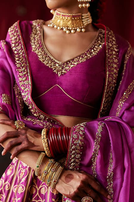 Shop_Weaver Story_Wine Kota Doria, Silk, Organza Lily Of The Valley Zardozi Bridal Lehenga Set _Online_at_Aza_Fashions