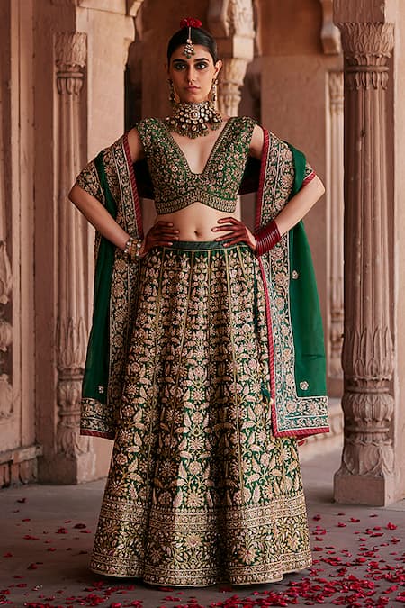 Buy_Weaver Story_Green Silk, Organza, Kota Doria Embroidery, Gardenia Zardozi Bridal Lehenga Set _Online_at_Aza_Fashions