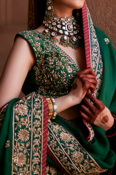 Shop_Weaver Story_Green Silk, Organza, Kota Doria Embroidery, Gardenia Zardozi Bridal Lehenga Set _Online_at_Aza_Fashions