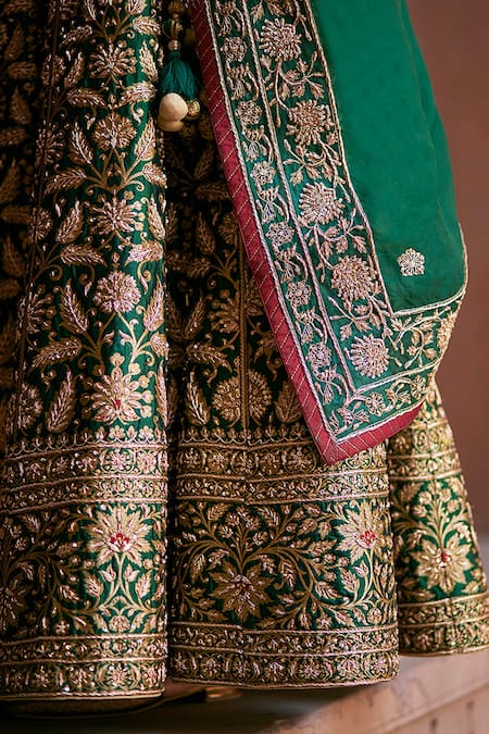 Weaver Story_Green Silk, Organza, Kota Doria Embroidery, Gardenia Zardozi Bridal Lehenga Set _at_Aza_Fashions