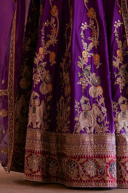 Shop_Weaver Story_Purple Silk, Organza, Kota Doria Elephant Motif Zardozi Bridal Lehenga Set _Online_at_Aza_Fashions