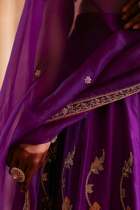 Weaver Story_Purple Silk, Organza, Kota Doria Elephant Motif Zardozi Bridal Lehenga Set _at_Aza_Fashions