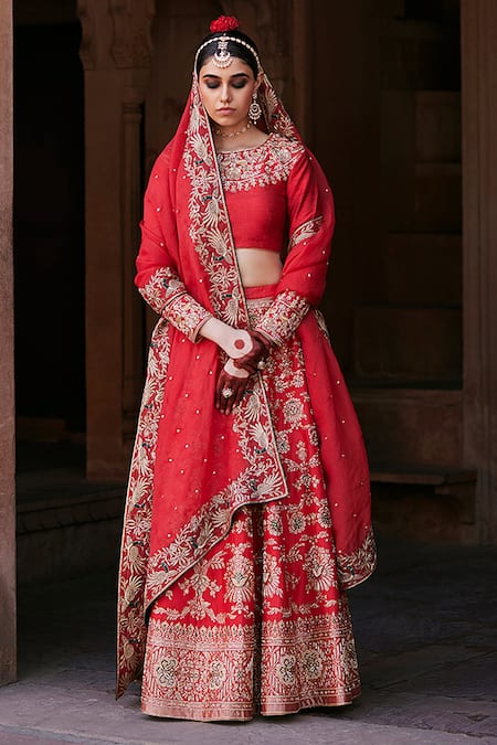 Weaver Story_Red Silk, Kota Doria, Damask Flora Zardozi Embroidered Bridal Lehenga Set _Online_at_Aza_Fashions