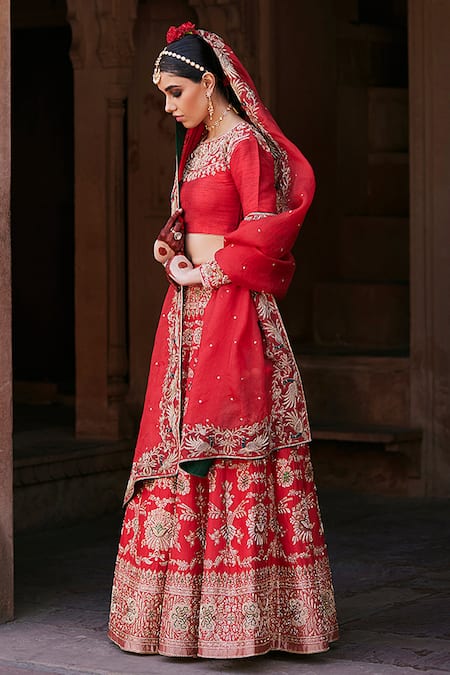 Buy_Weaver Story_Red Silk, Kota Doria, Damask Flora Zardozi Embroidered Bridal Lehenga Set _Online_at_Aza_Fashions