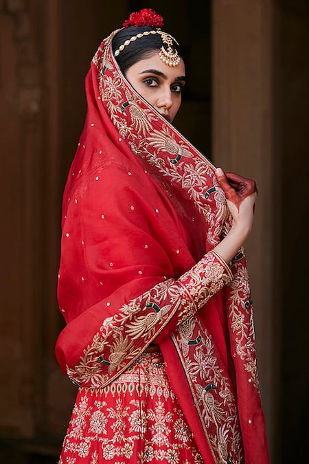 Shop_Weaver Story_Red Silk, Kota Doria, Damask Flora Zardozi Embroidered Bridal Lehenga Set _Online_at_Aza_Fashions