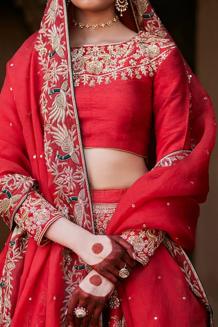 Weaver Story_Red Silk, Kota Doria, Damask Flora Zardozi Embroidered Bridal Lehenga Set _at_Aza_Fashions