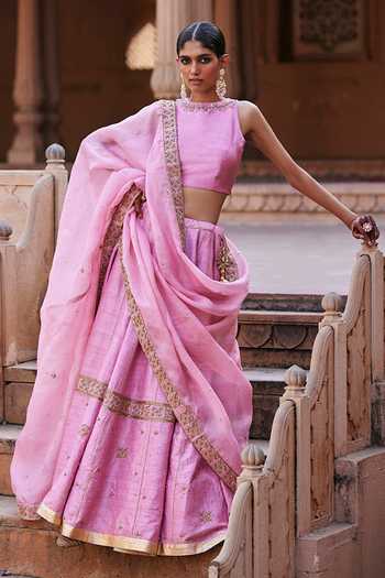 Weaver Story_Pink Silk, Organza Embroidery, Zari Canna Bloom Zardozi Lehenga Blouse Set _Online_at_Aza_Fashions