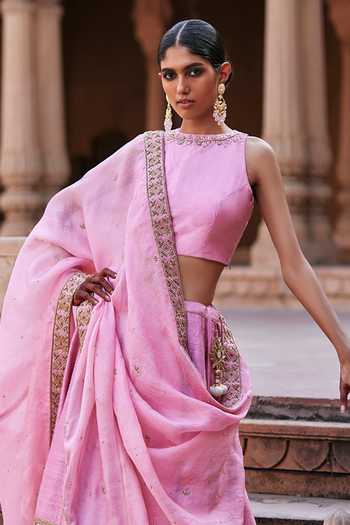 Buy_Weaver Story_Pink Silk, Organza Embroidery, Zari Canna Bloom Zardozi Lehenga Blouse Set _Online_at_Aza_Fashions