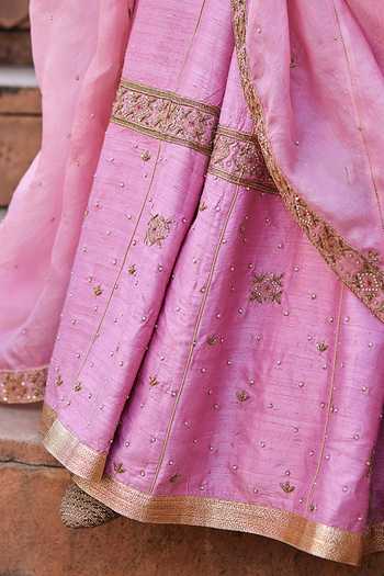 Shop_Weaver Story_Pink Silk, Organza Embroidery, Zari Canna Bloom Zardozi Lehenga Blouse Set _Online_at_Aza_Fashions