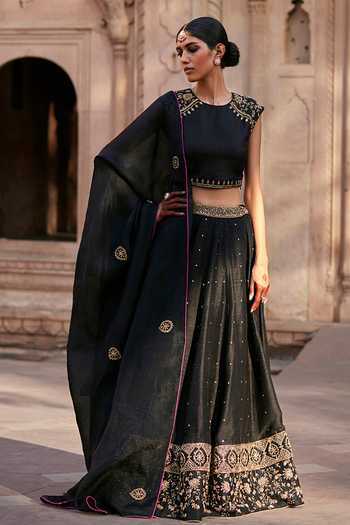 Weaver Story_Black Silk, Organza Embroidery, Gypsophilia Bloom Zardozi Lehenga Blouse Set _Online_at_Aza_Fashions