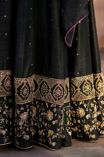 Shop_Weaver Story_Black Silk, Organza Embroidery, Gypsophilia Bloom Zardozi Lehenga Blouse Set _Online_at_Aza_Fashions