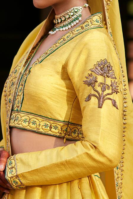 Shop_Weaver Story_Yellow Silk, Organza Buttercup Florence Zardozi Embroidered Lehenga Blouse Set _Online_at_Aza_Fashions