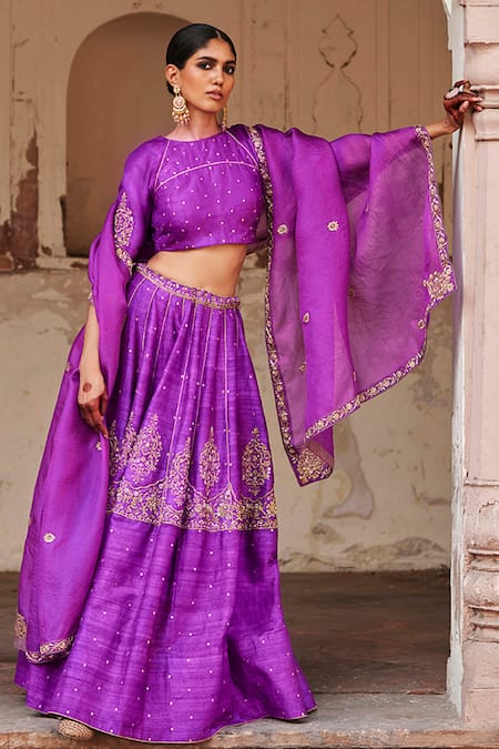 Weaver Story_Purple Silk, Organza Embroidery, Zinnia Florence Zardozi Bridal Lehenga Set _Online_at_Aza_Fashions