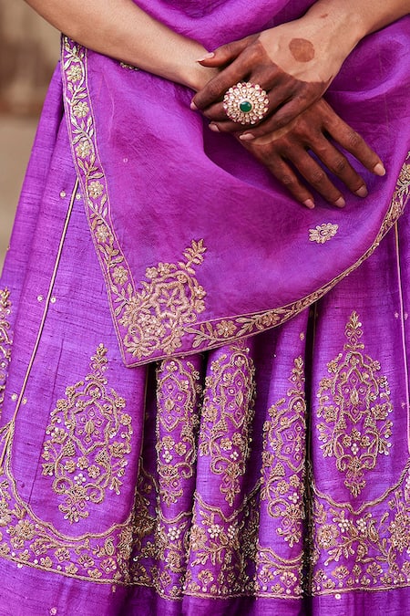 Buy_Weaver Story_Purple Silk, Organza Embroidery, Zinnia Florence Zardozi Bridal Lehenga Set _Online_at_Aza_Fashions