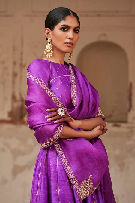 Shop_Weaver Story_Purple Silk, Organza Embroidery, Zinnia Florence Zardozi Bridal Lehenga Set _Online_at_Aza_Fashions