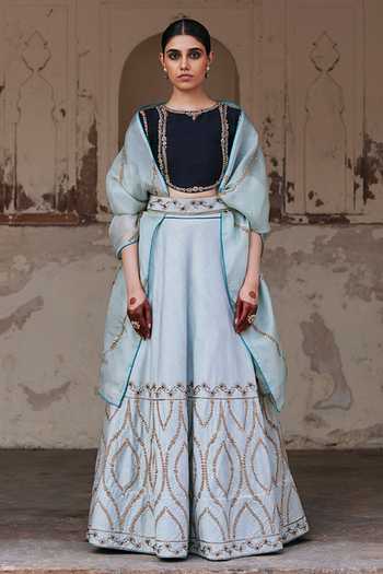 Weaver Story_Blue Silk, Organza Embroidery, Zari Boat Iris Swirl Zardozi Lehenga Blouse Set _Online_at_Aza_Fashions