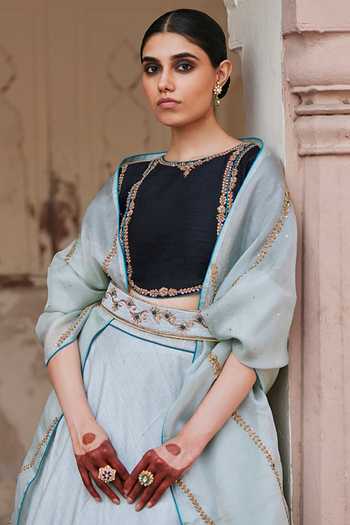 Buy_Weaver Story_Blue Silk, Organza Embroidery, Zari Boat Iris Swirl Zardozi Lehenga Blouse Set _Online_at_Aza_Fashions