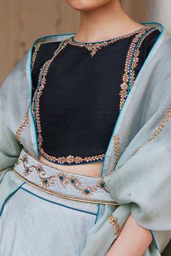 Shop_Weaver Story_Blue Silk, Organza Embroidery, Zari Boat Iris Swirl Zardozi Lehenga Blouse Set _Online_at_Aza_Fashions