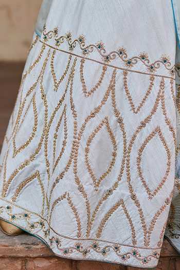 Weaver Story_Blue Silk, Organza Embroidery, Zari Boat Iris Swirl Zardozi Lehenga Blouse Set _at_Aza_Fashions