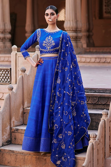 Buy Blue Pure Silk Embroidery Floral Leaf Neck Border Lehenga Set For Women  by Surbhi shah Online at Aza Fashions.