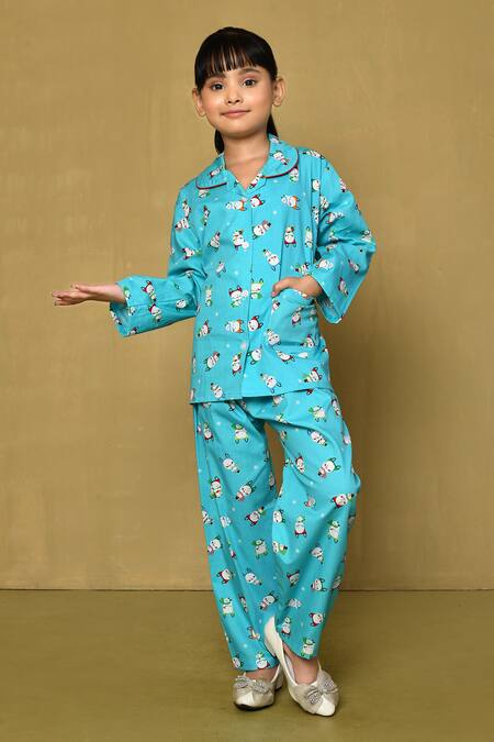 Buy_Petite Pomme_Blue Cotton Snow Man Print Night Suit_Online_at_Aza_Fashions