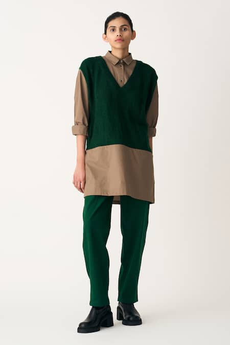 THREE Emerald Green Heavy Cotton Twill Plain Front Pleated Pant  